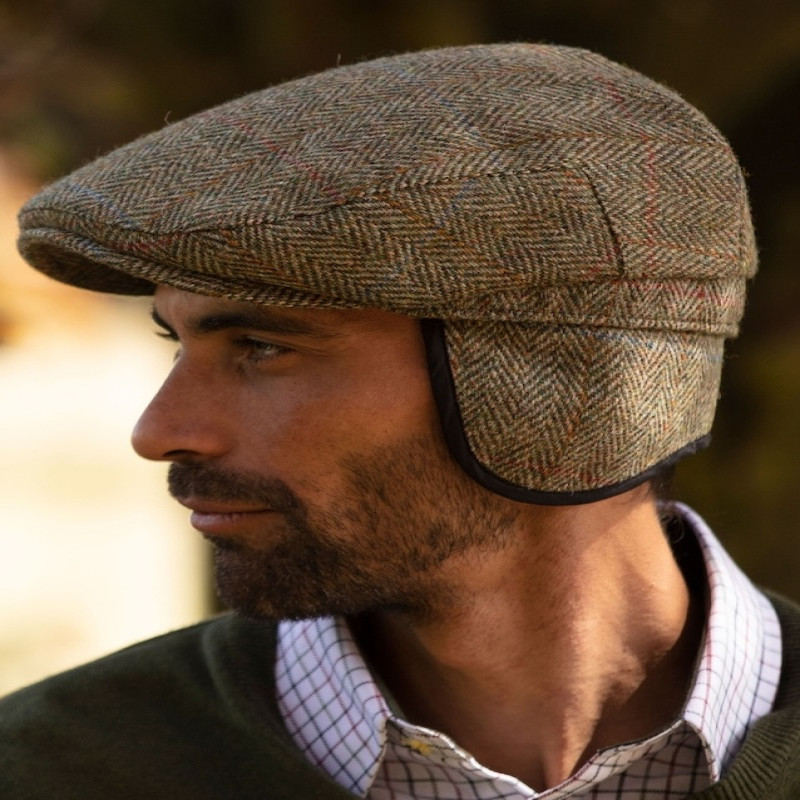 Made in UK Harris Tweed Edward Flat Cap With Foldable Ear Flaps Moss Green